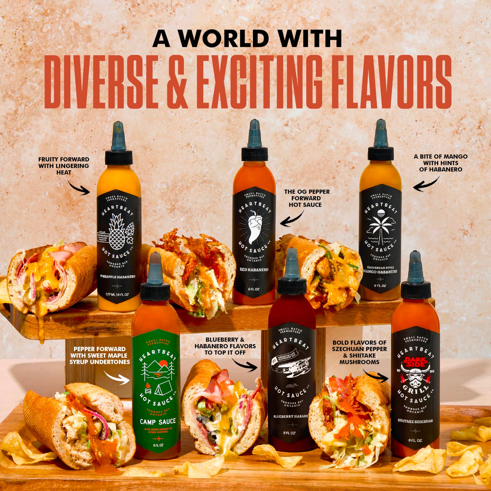 Heartbeat Hot Sauce Co. | Complete Variety Pack - Camp Sauce, Pineapple, Red & Mango Habanero, Blueberry Habanero, Shiitake Szechuan, 6 oz. 6 pack
