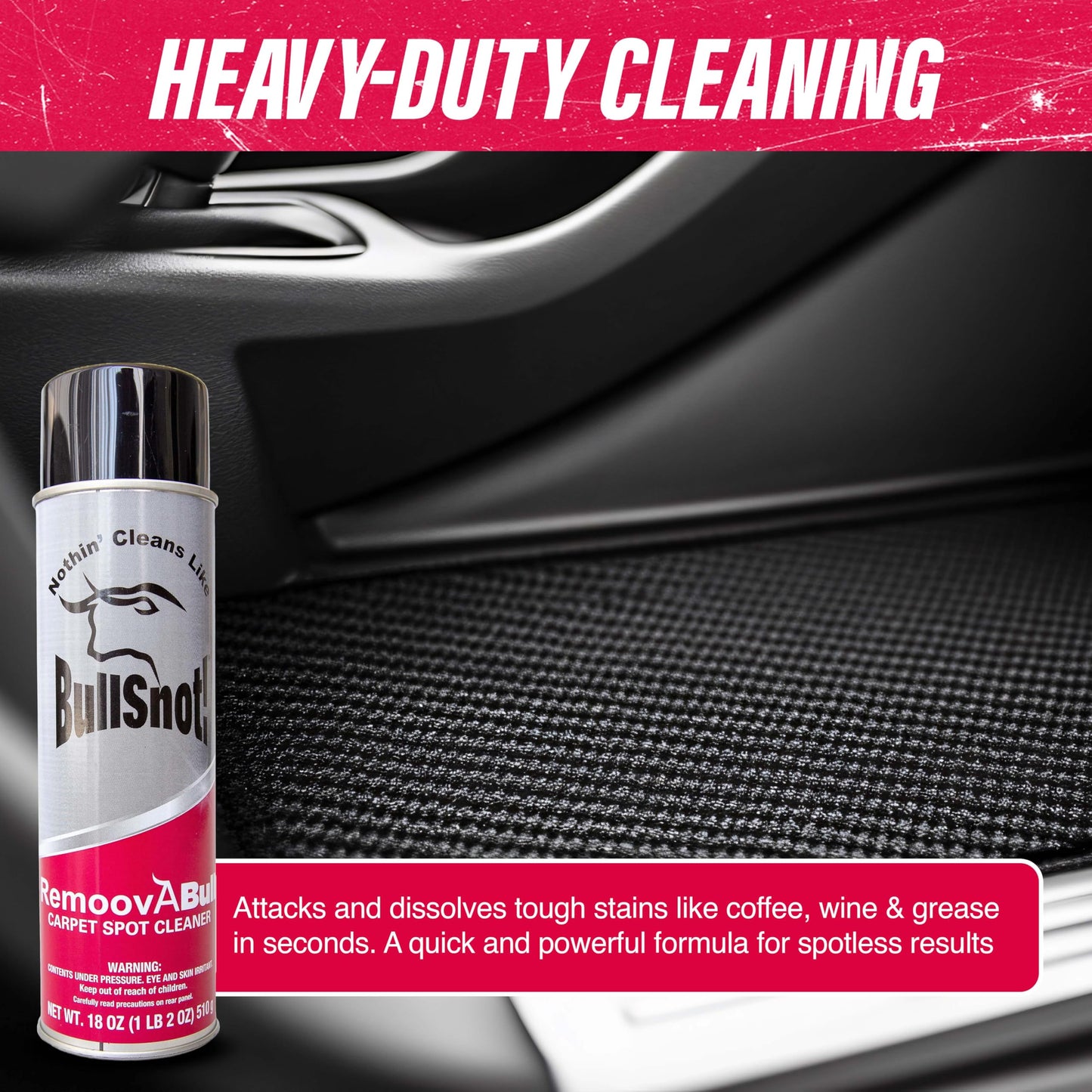 RemoovABull Carpet & Upholstery Stain Remover - Fast Acting, Powerful Cleaner for Oil, Grease, Dirt, Coffee, Urine & More - Ideal for Car Interiors