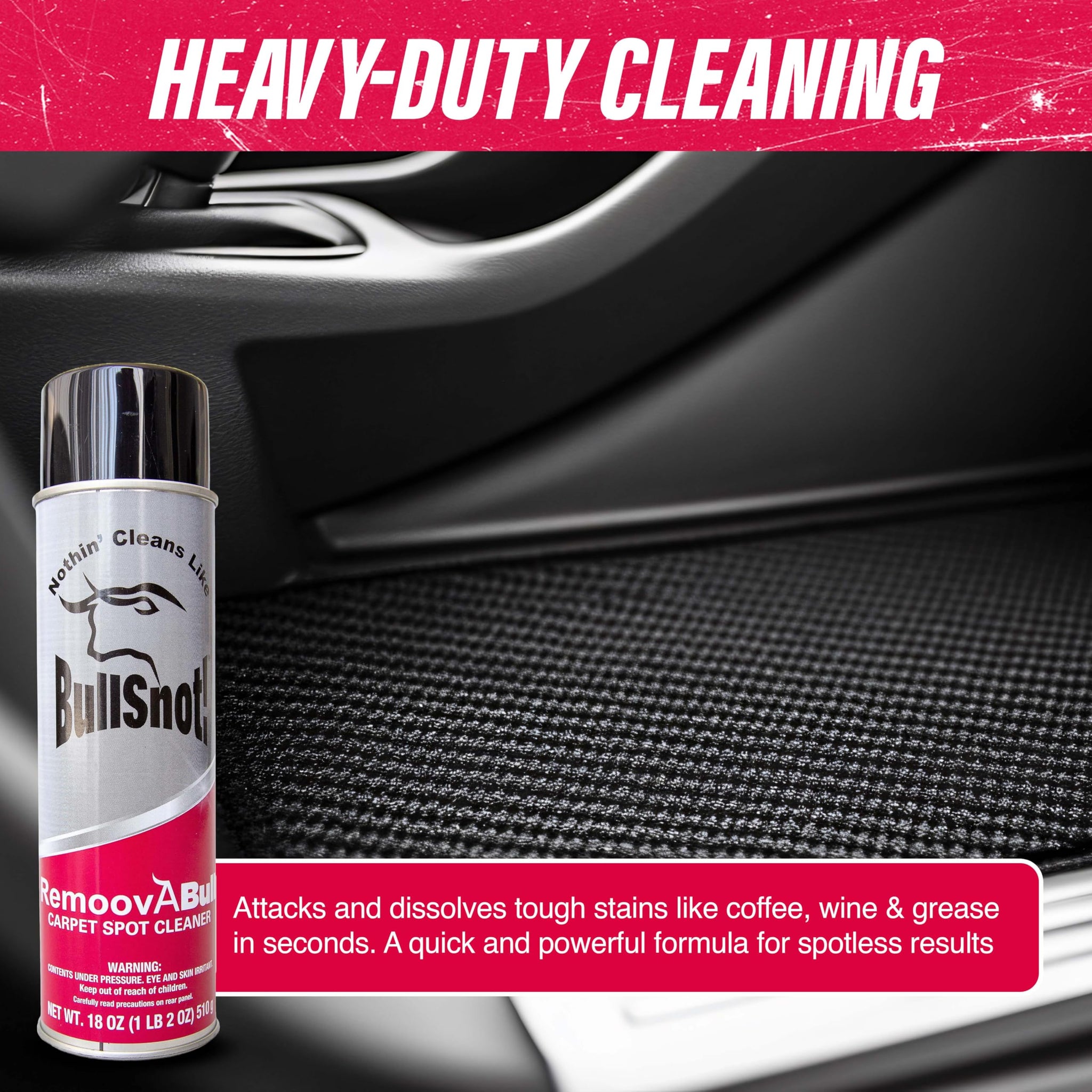 RemoovABull Carpet & Upholstery Stain Remover - Fast Acting, Powerful Cleaner for Oil, Grease, Dirt, Coffee, Urine & More - Ideal for Car Interiors