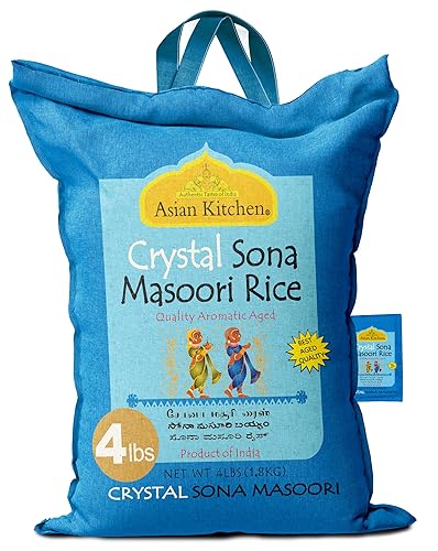 Asian Kitchen Crystal Sona Masoori Aged Rice 4-Pound Bag, 4lbs (1.81kg) Short Grain Rice ~ All Natural | Gluten Friendly | Vegan | Kosher | Indian