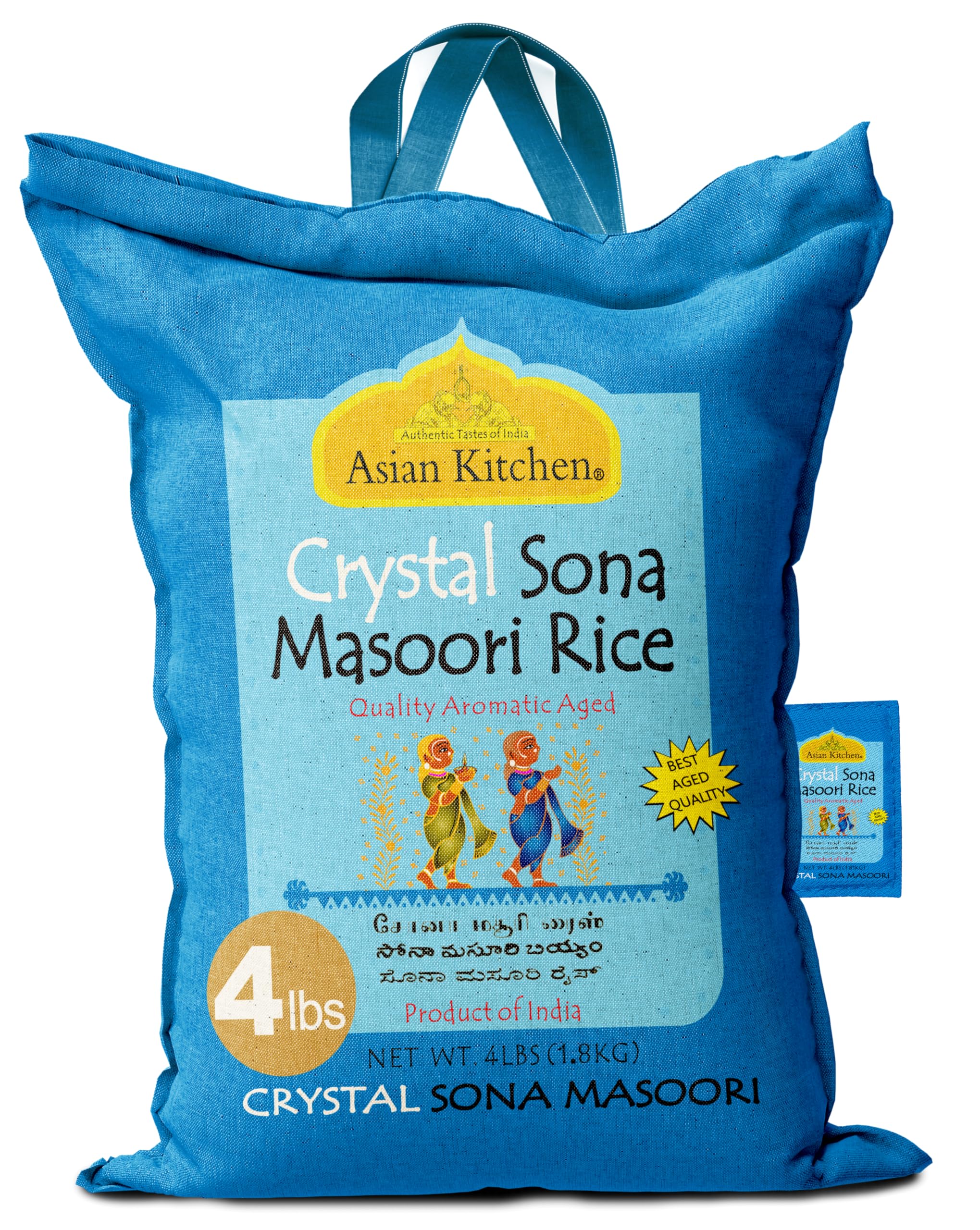 Asian Kitchen Crystal Sona Masoori Aged Rice 4-Pound Bag, 4lbs (1.81kg) Short Grain Rice ~ All Natural | Gluten Friendly | Vegan | Kosher | Indian