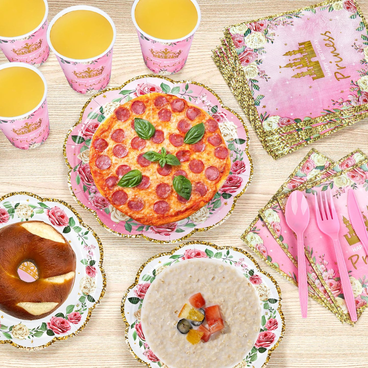 168 Pieces Pink Princess Disposable Party Dinnerware - Princess Paper Plates Napkins Cups Plastic Forks Knives Spoons For Girls Kids Birthday Party