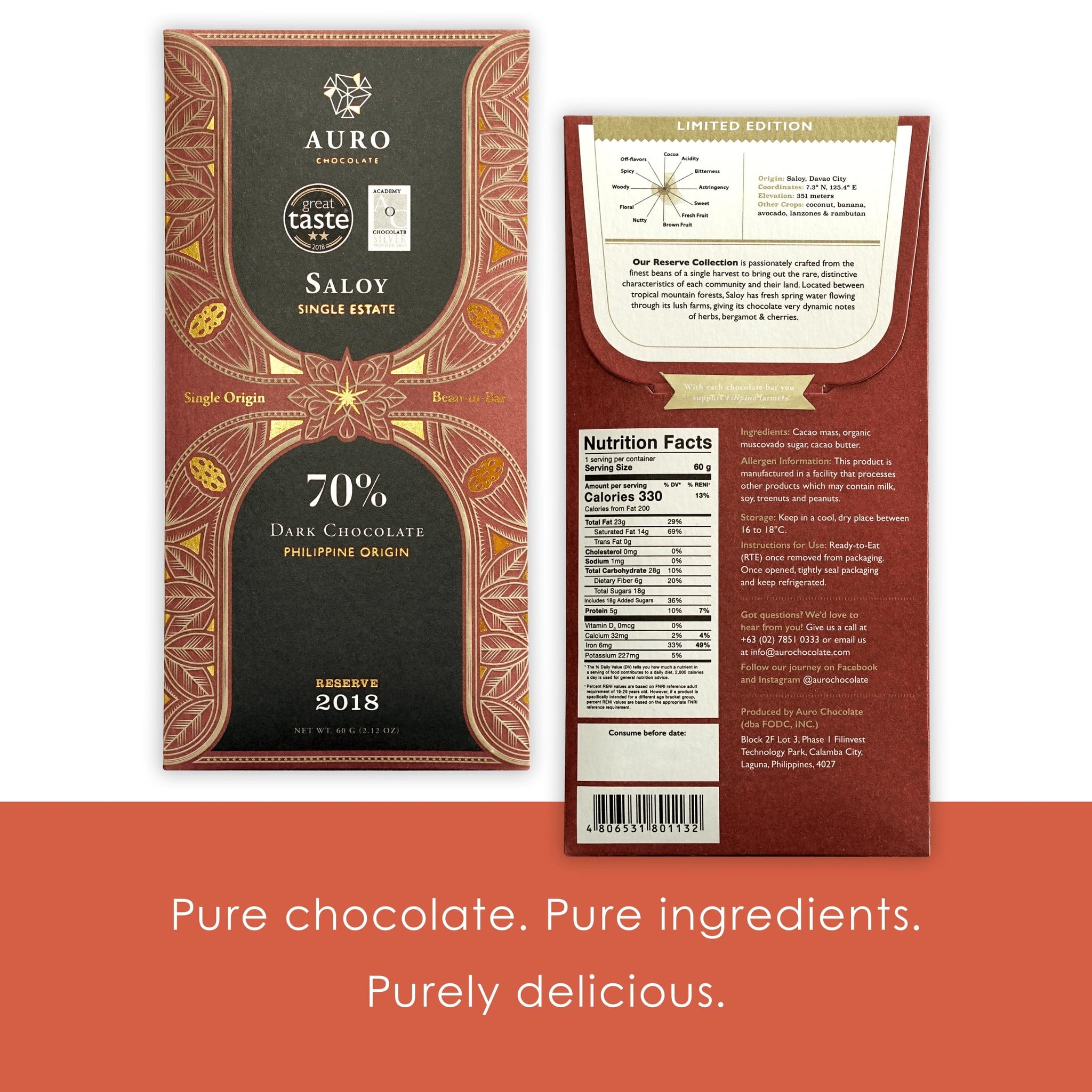 Auro Reserve Saloy 70% Dark Chocolate 3 Pack - Filipino Chocolate - Premium, Made At Origin, Direct Trade, Bean-to-Bar, Woman Owned, BIPOC Owned