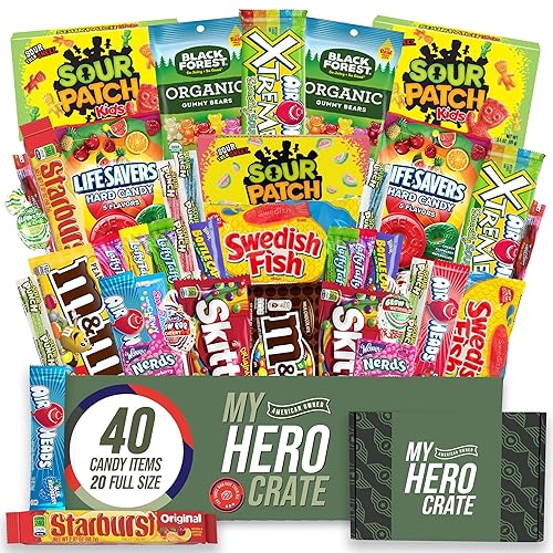 My Hero Crate Military Candy Care Package - 40 Pcs Variety Gift Basket with 20 Full Size Candies - Snack Box Pack with Gummy Bears, Skittles