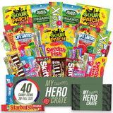 My Hero Crate Military Candy Care Package - 40 Pcs Variety Gift Basket with 20 Full Size Candies - Snack Box Pack with Gummy Bears, Skittles