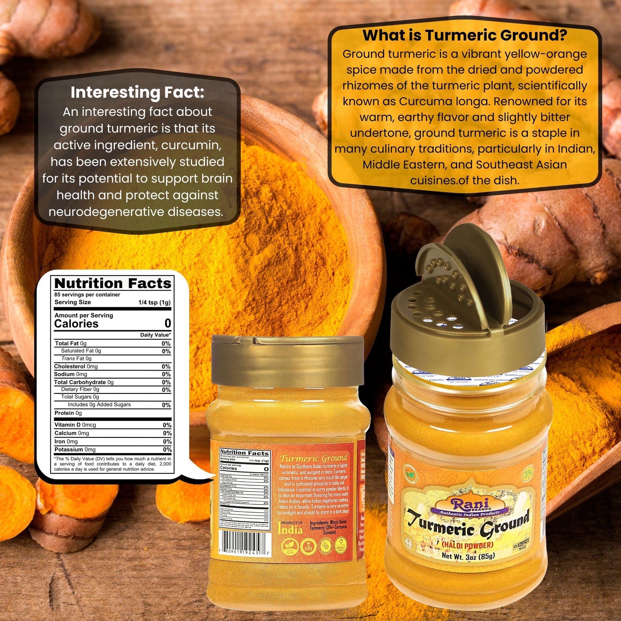 Rani Turmeric (Haldi) Root Powder Spice, (High Curcumin Content) 3oz (85g) PET Jar ~ All Natural | 100% Pure, Salt Free | Vegan | Gluten Friendly |