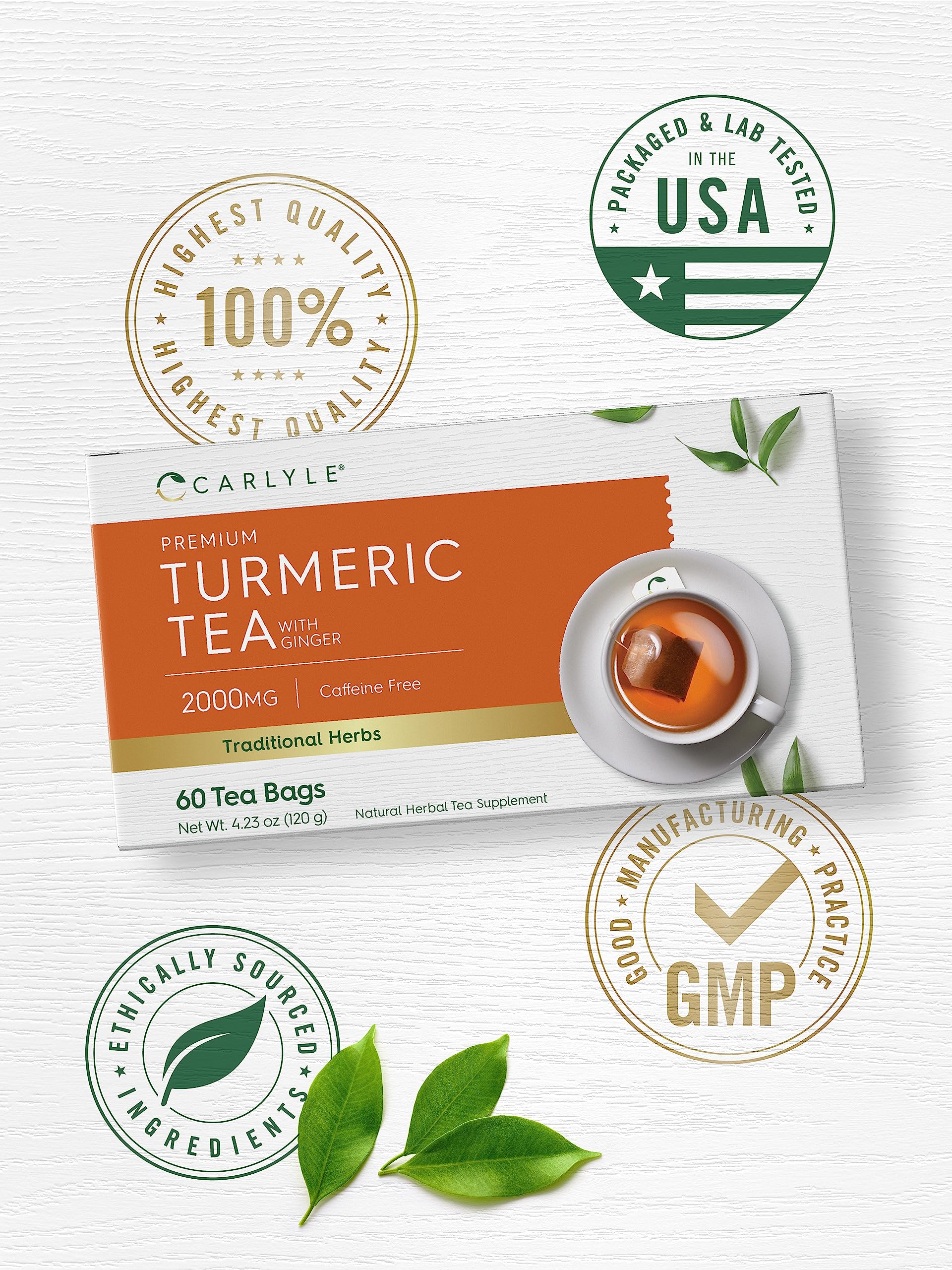 Carlyle Turmeric Ginger Tea Bags | 60 Count | Caffeine Free Herbal Blend | Non-GMO & Gluten Free Supplement