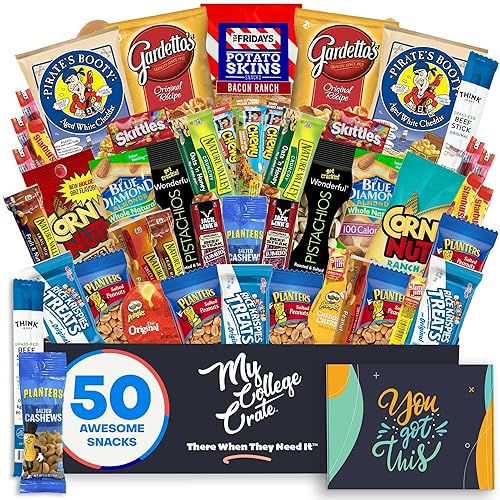 Student Encouragement - Men's Hearty Snack Box (50 Piece Variety Gift Basket Care Package) Jerky, Nuts, Chips, Pretzels & More - My College Crate