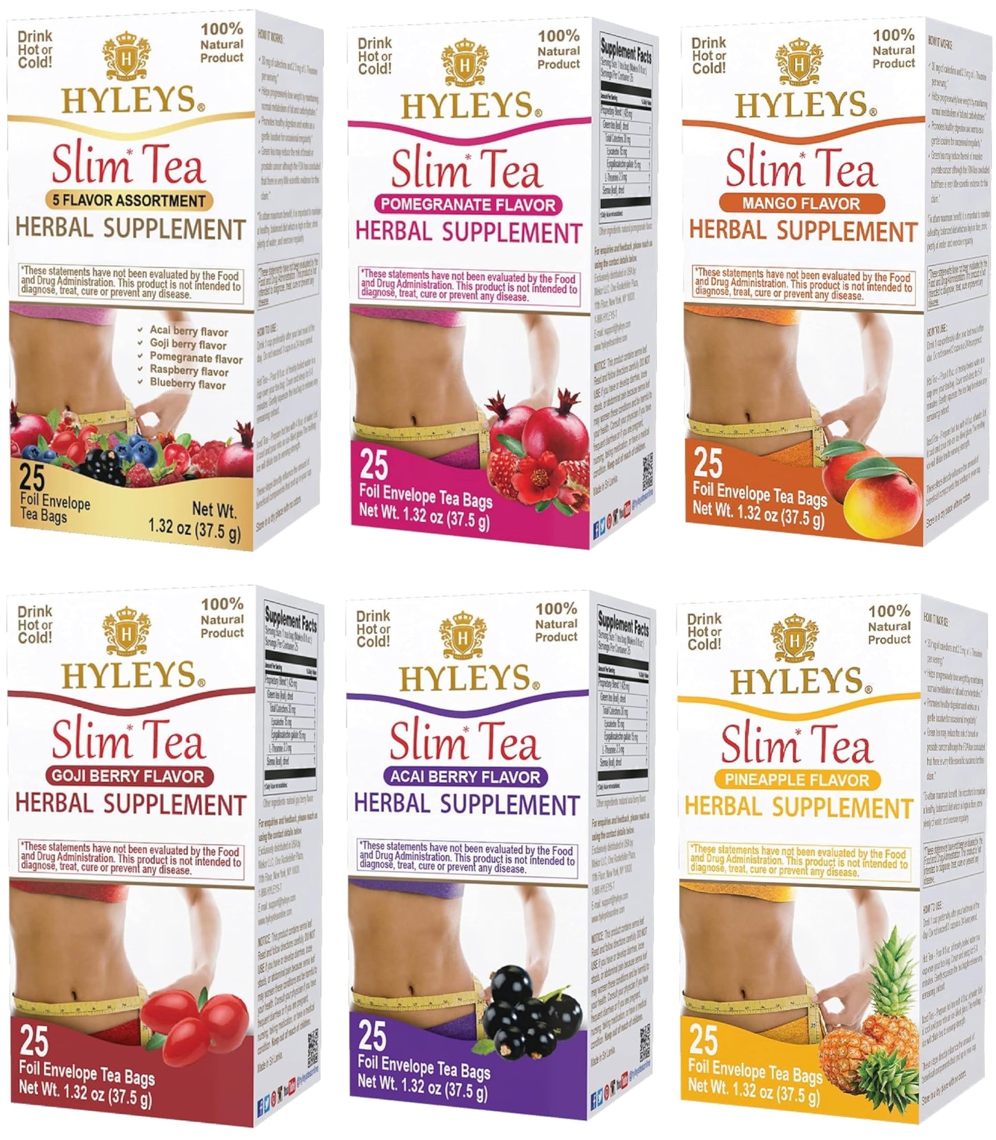 Hyleys Slim Tea Variety Pack - 6 Flavors Including 5 Flavor Assortment, Pomegranate, Mango, Goji Berry, Acai Berry, and Pineapple - 150 Tea Bags
