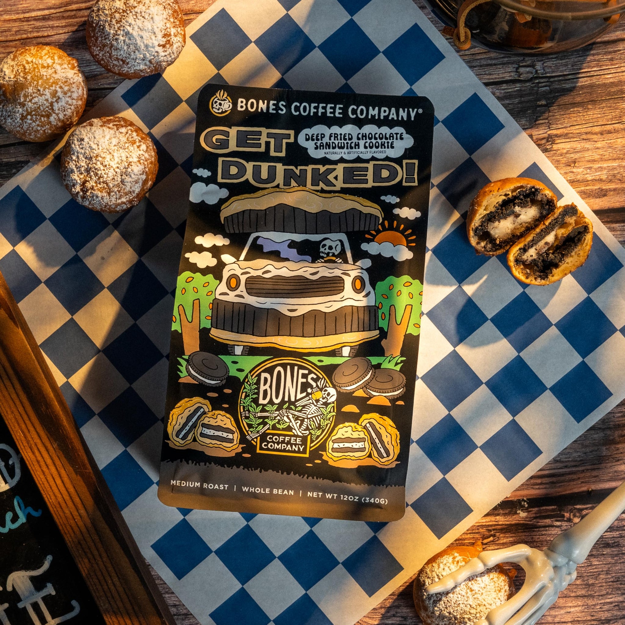 Bones Coffee Company Get Dunked!, Deep Fried Chocolate Cookie Sandwhich Flavored Coffee, Medium Roast Low Acid Arabica Beans Compatible with Auto drip