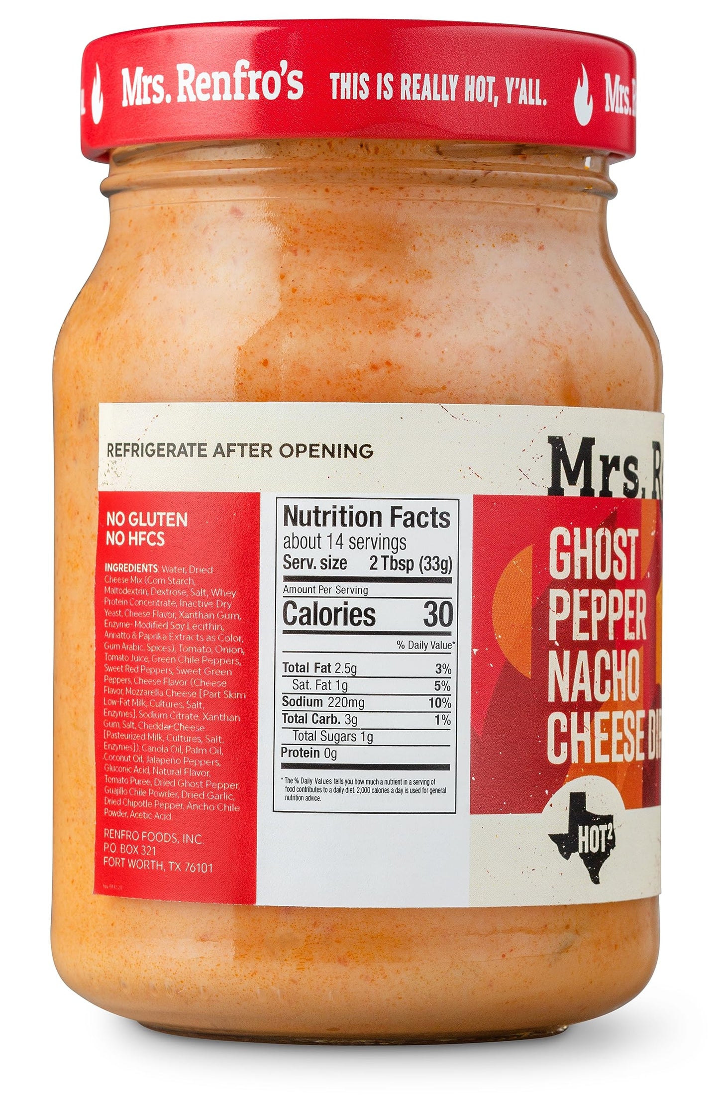Mrs. Renfro's Ghost Pepper Nacho Cheese Dip, 16 oz Jar (Pack of 1) - Gluten Free Extra Hot Creamy Cheese Dip with Ghost Pepper - Ready-to-Serve