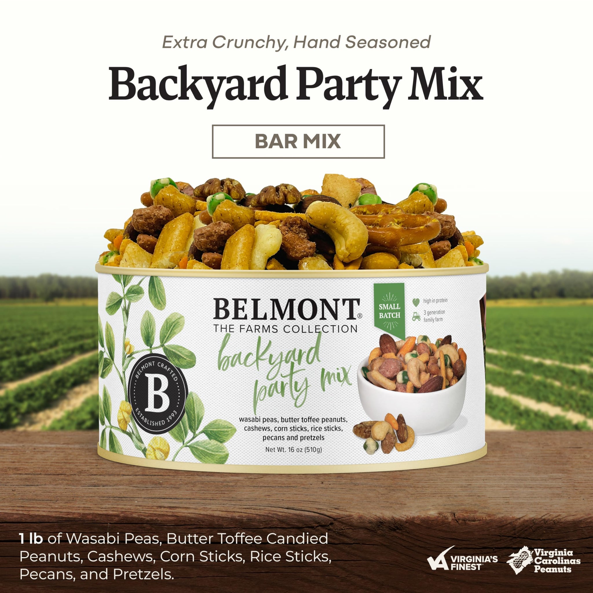 Belmont Peanuts Backyard Party Mix, 18 oz (Pack of 1) | Butter Toffee Peanuts, Wasabi Peas, Cashews, Corn & Rice Sticks, Pecans, Pretzels | Simple