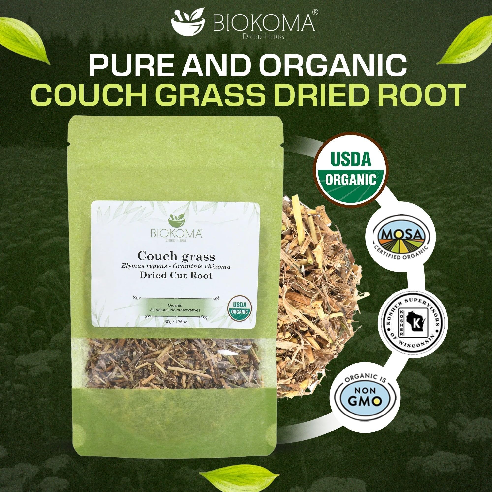 Biokoma Organic Couch Grass Dried Cut Root 1.76oz USDA Organic Herbal Tea Elymus Repens Rhizome Loose Herb Urinary Kidney Bladder Support Resealable