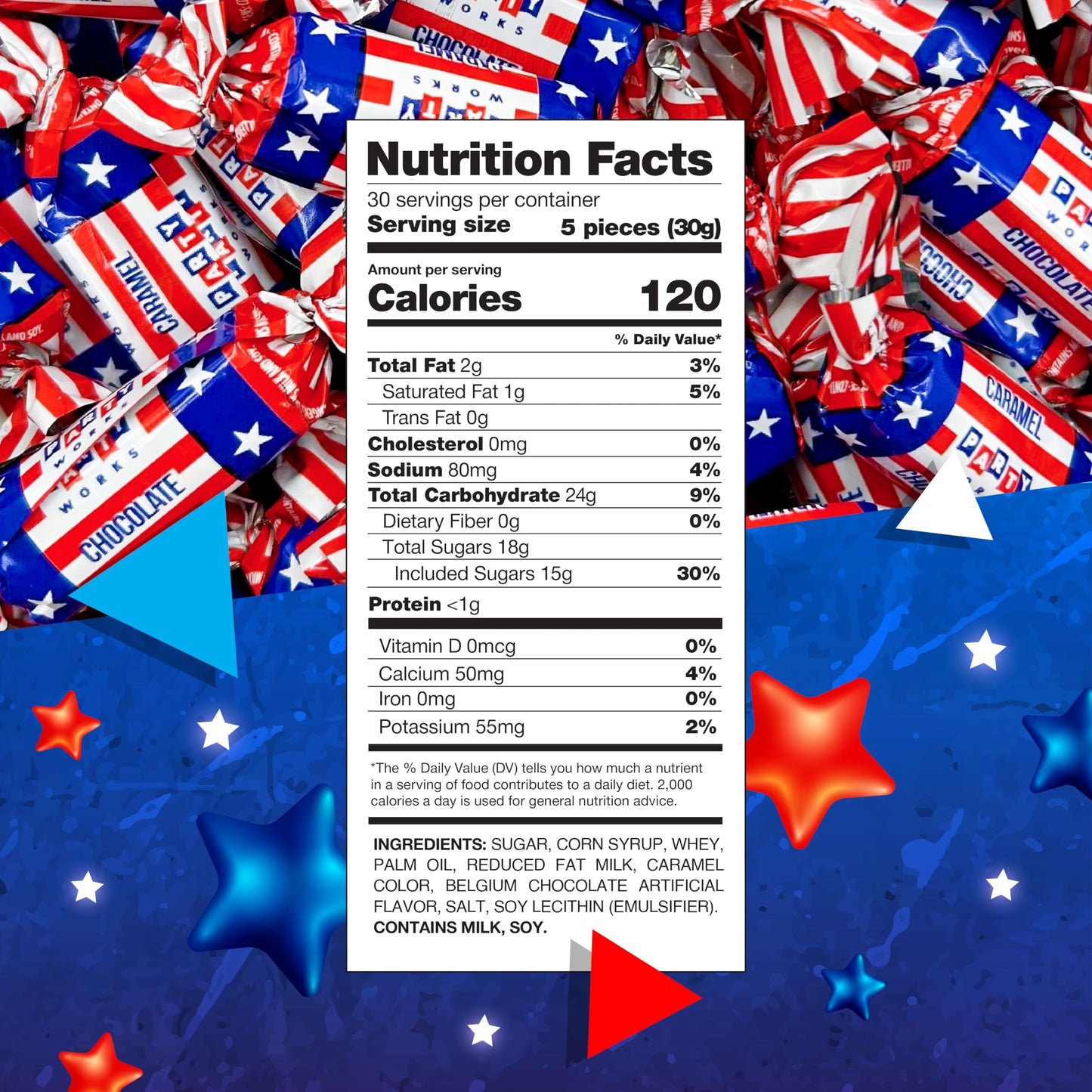Patriotic Candy Bulk | 2 Pound Bag | Chocolate Flavored Caramels | Red White and Blue Candy for 4th of July Celebrations | Individually Wrapped