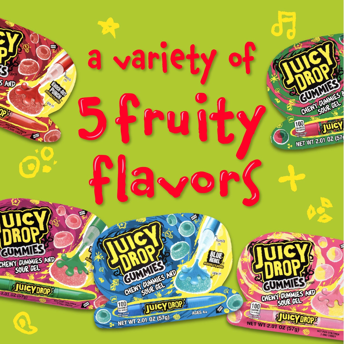 Juicy Drop Sour Candy Gummies, 16 Ct Sweet Chewy Candy w/Sour Gel in Assorted Fruity Flavors, Full Size, Fun Variety Pack For Birthday Party Favors