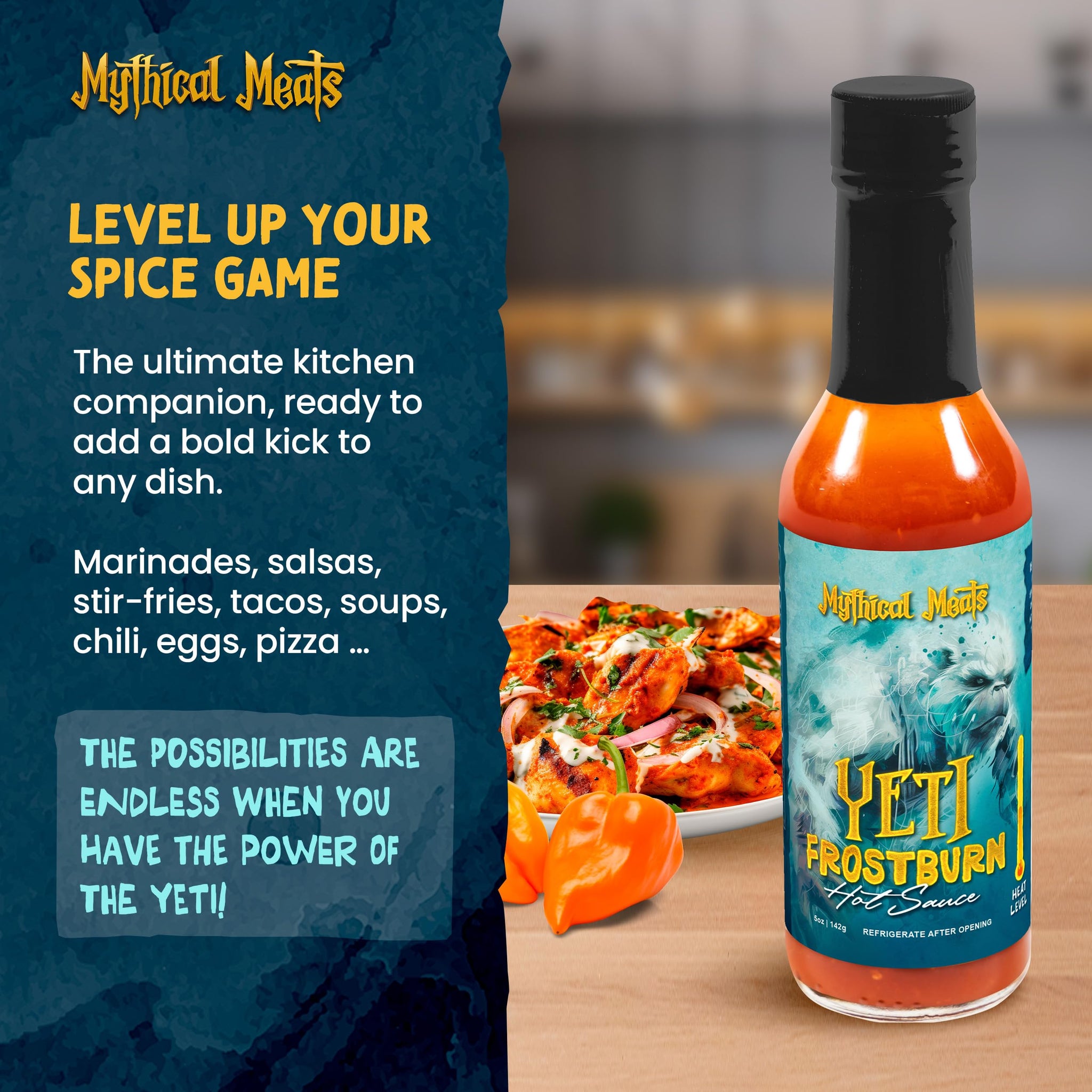 Mythical Meats Yeti Frostburn Hot Sauce - Sweet Onion & Habanero Blend, Gluten Free, Non GMO, 5/10 Heat