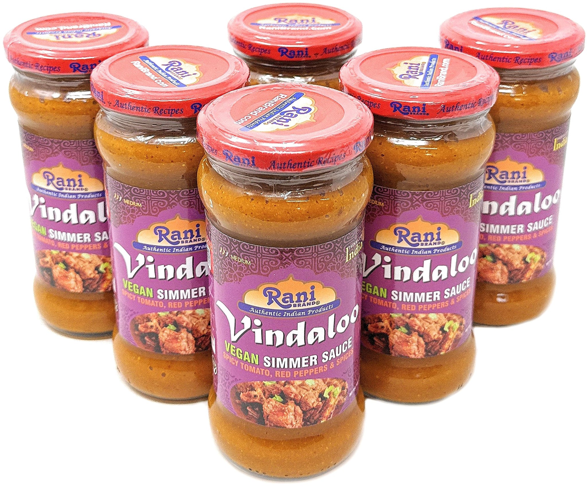 Rani Vindaloo Curry Vegan Simmer Sauce (Spicy Tomato, Red Peppers & Spices) 14oz (400g) Glass Jar, Pack of 5 +1 FREE ~ Easy to Use | Vegan | No Colors
