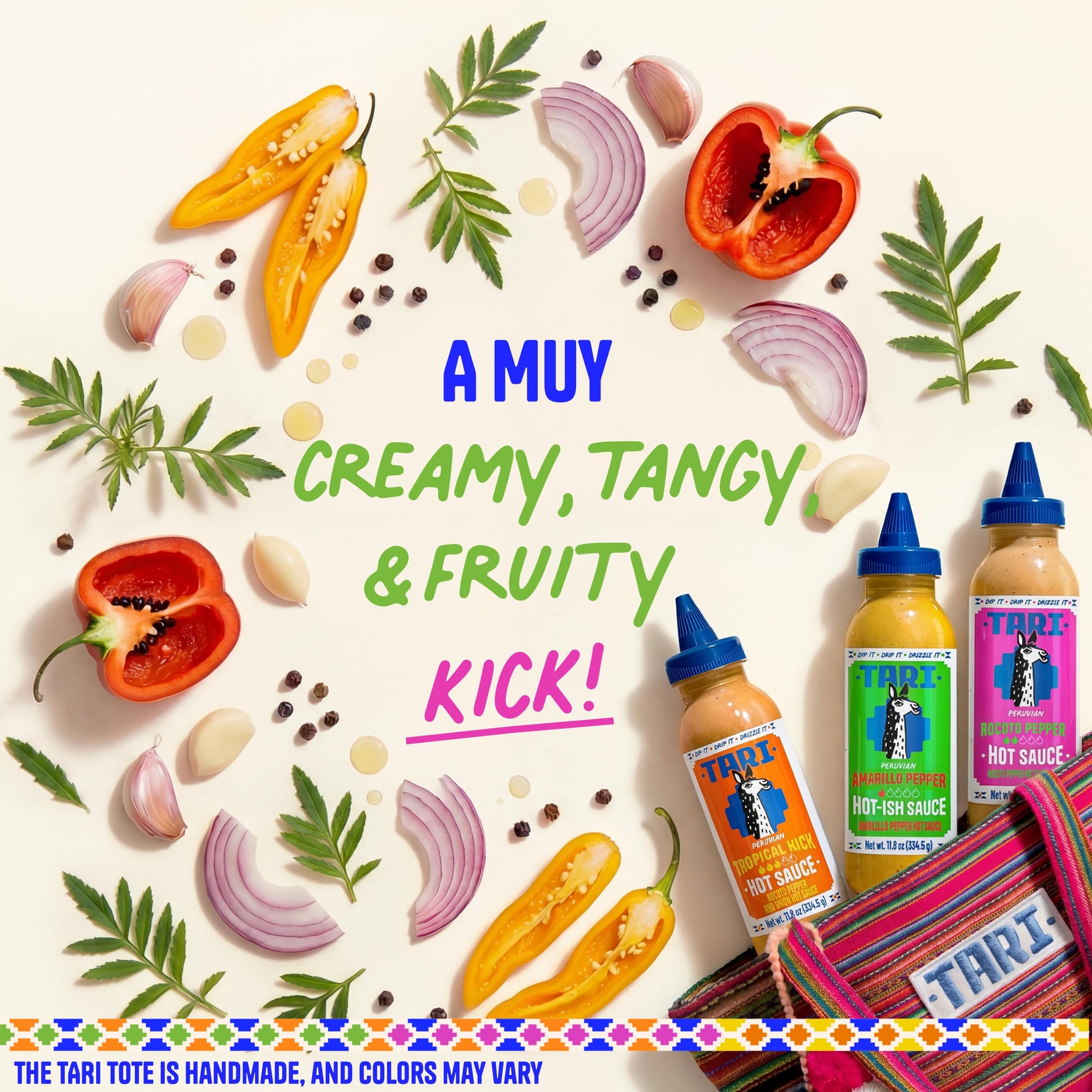 Tari Hot Sauce Llama Pack - Hot Sauce Variety Pack with Aji Rocoto, Aji Amarillo, Tropical Kick 11.8oz each - Comes with Gift Tote Bag & Llama Toy