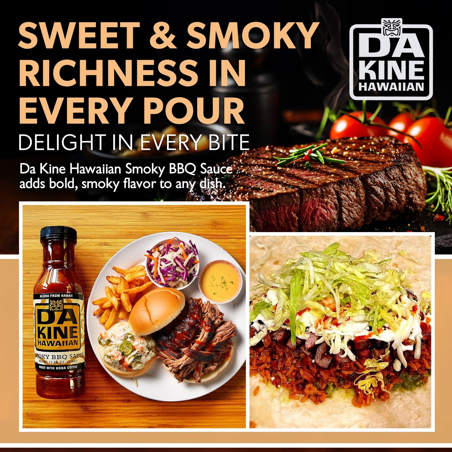 Da Kine Hawaiian Smoky BBQ Sauce - Sweet & Smoky Island Flavor - Made with Pineapple Juice - Gourmet Barbecue Sauce for Grilling, Marinades, Dipping