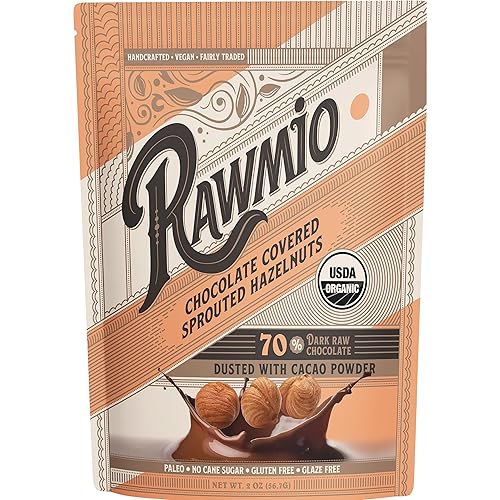 Rawmio Chocolate Covered Sprouted Hazelnuts - Organic, Raw, Vegan, 70% Dark Chocolate, 3 Packs, 2 oz.