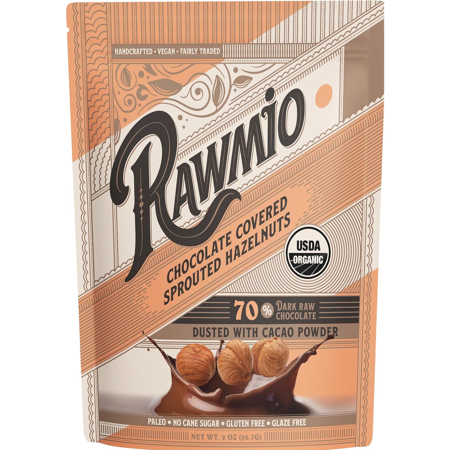 Rawmio Chocolate Covered Sprouted Hazelnuts - Organic, Raw, Vegan, 70% Dark Chocolate, 3 Packs, 2 oz.