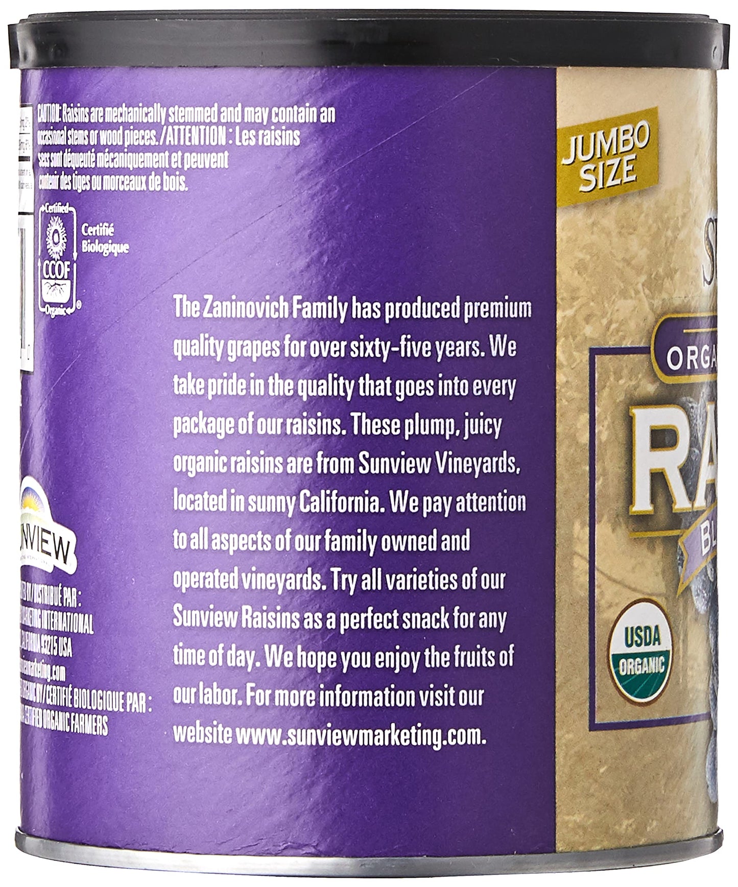 SUNVIEW Organic Black Raisins 3-15oz Canisters