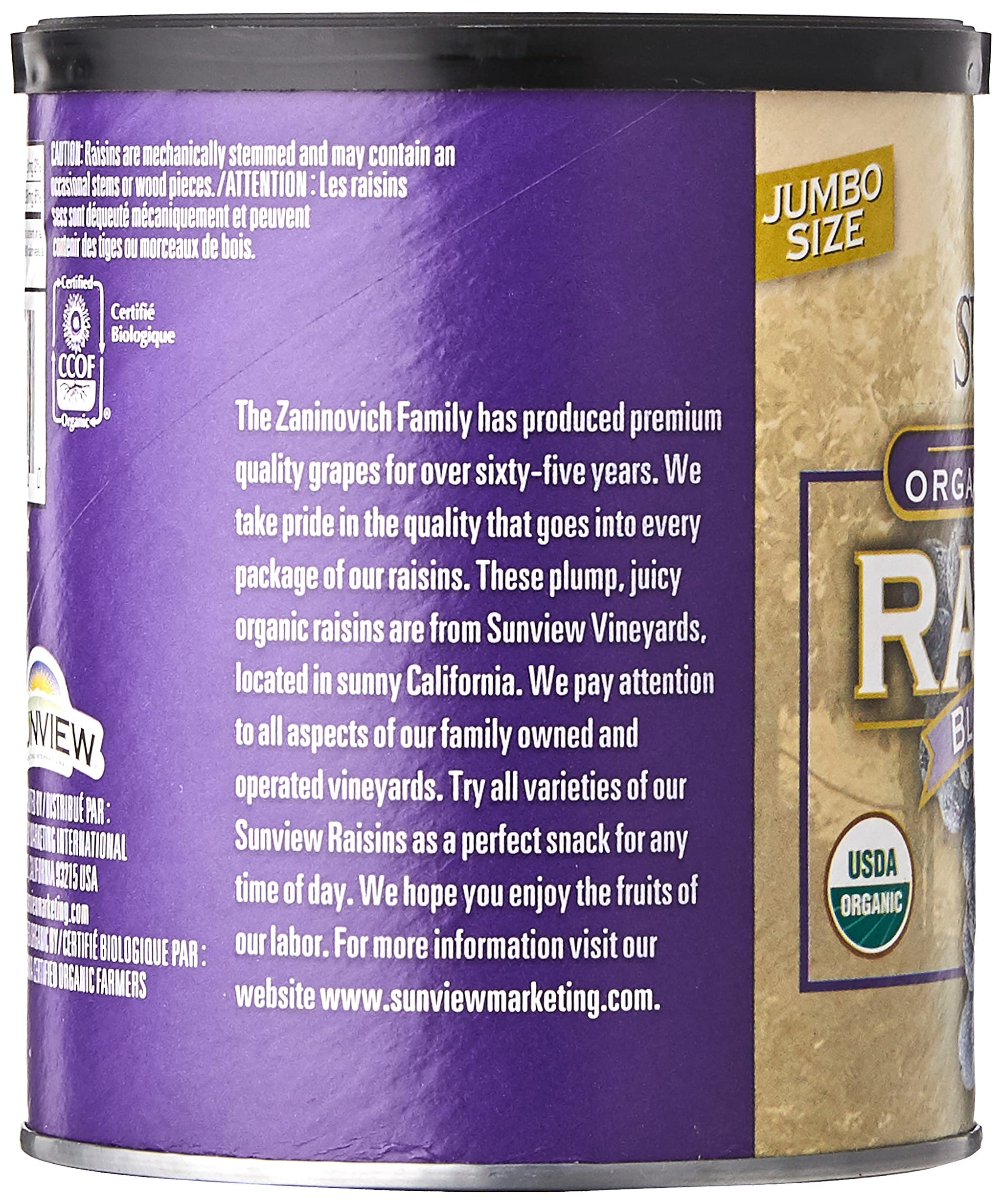 SUNVIEW Organic Black Raisins 3-15oz Canisters