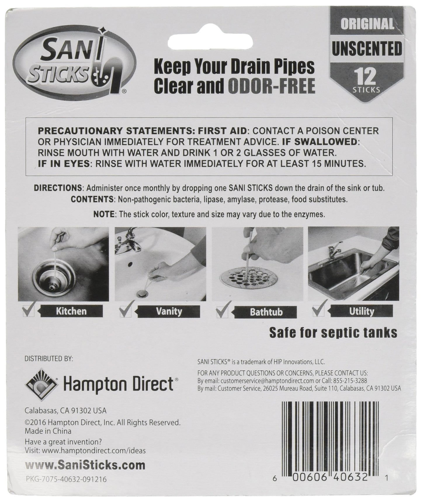 Sani Sticks, As Seen on TV Drain Cleaner and Deodorizer, Unscented - 12 Pack