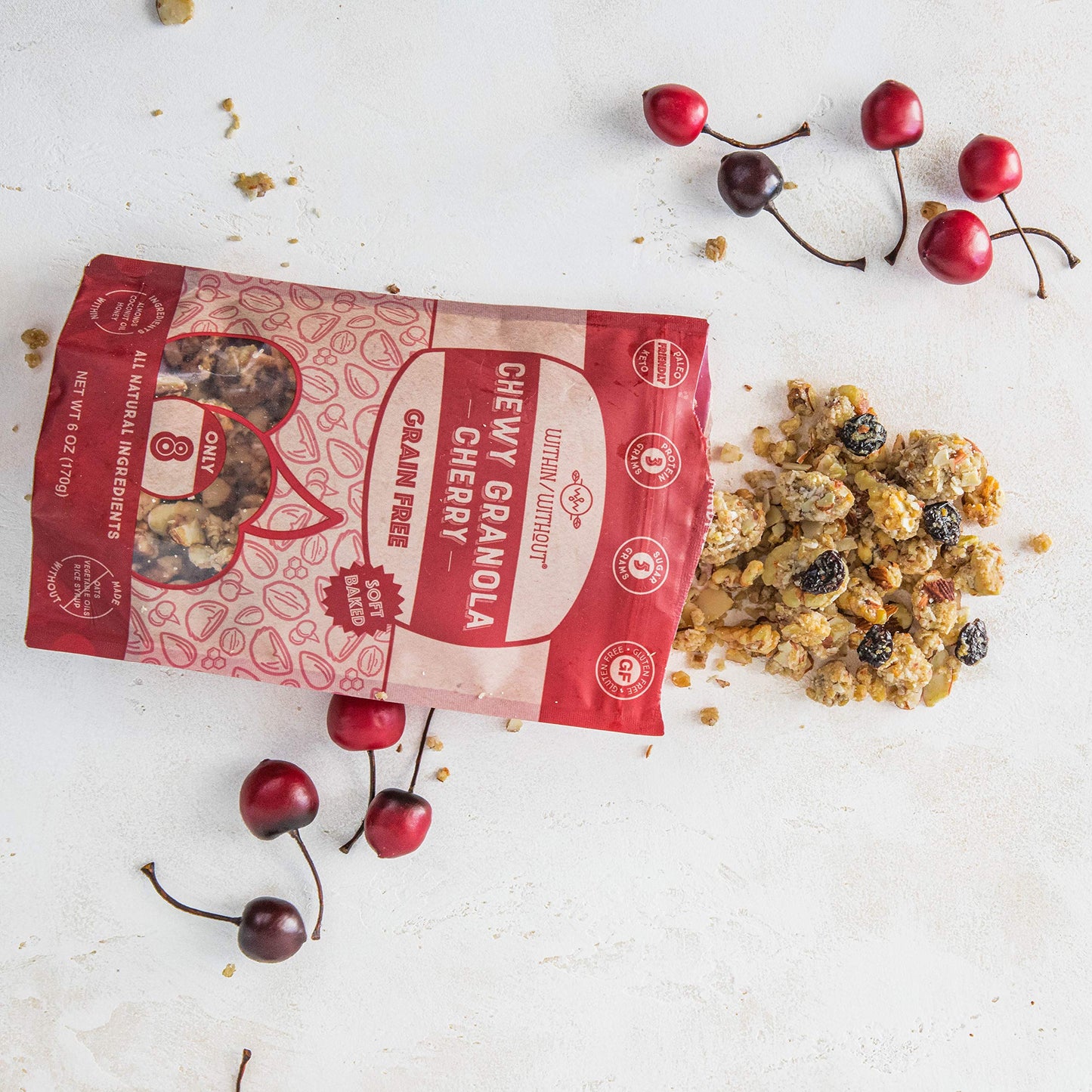 Cherry Grain Free Granola by Within/Without | Certified Paleo and Keto Diet Friendly Chewy Granola | Naturally Gluten Free Low Carb Snack | No Refined