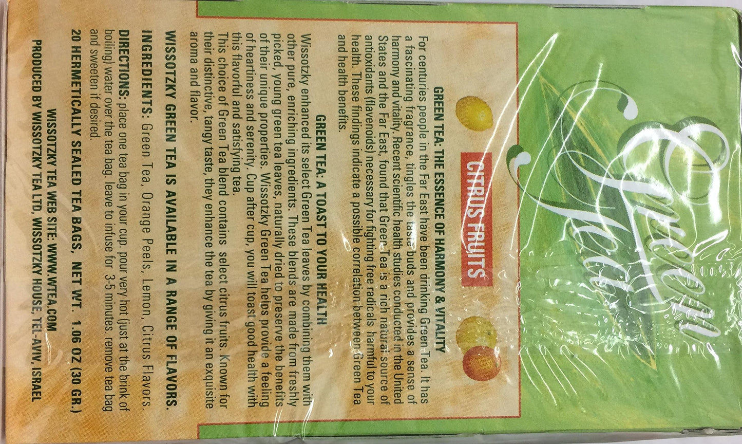 Wissotzky Tea Green Tea With Citrus Fruits 1.06 Oz. Pack Of 3.