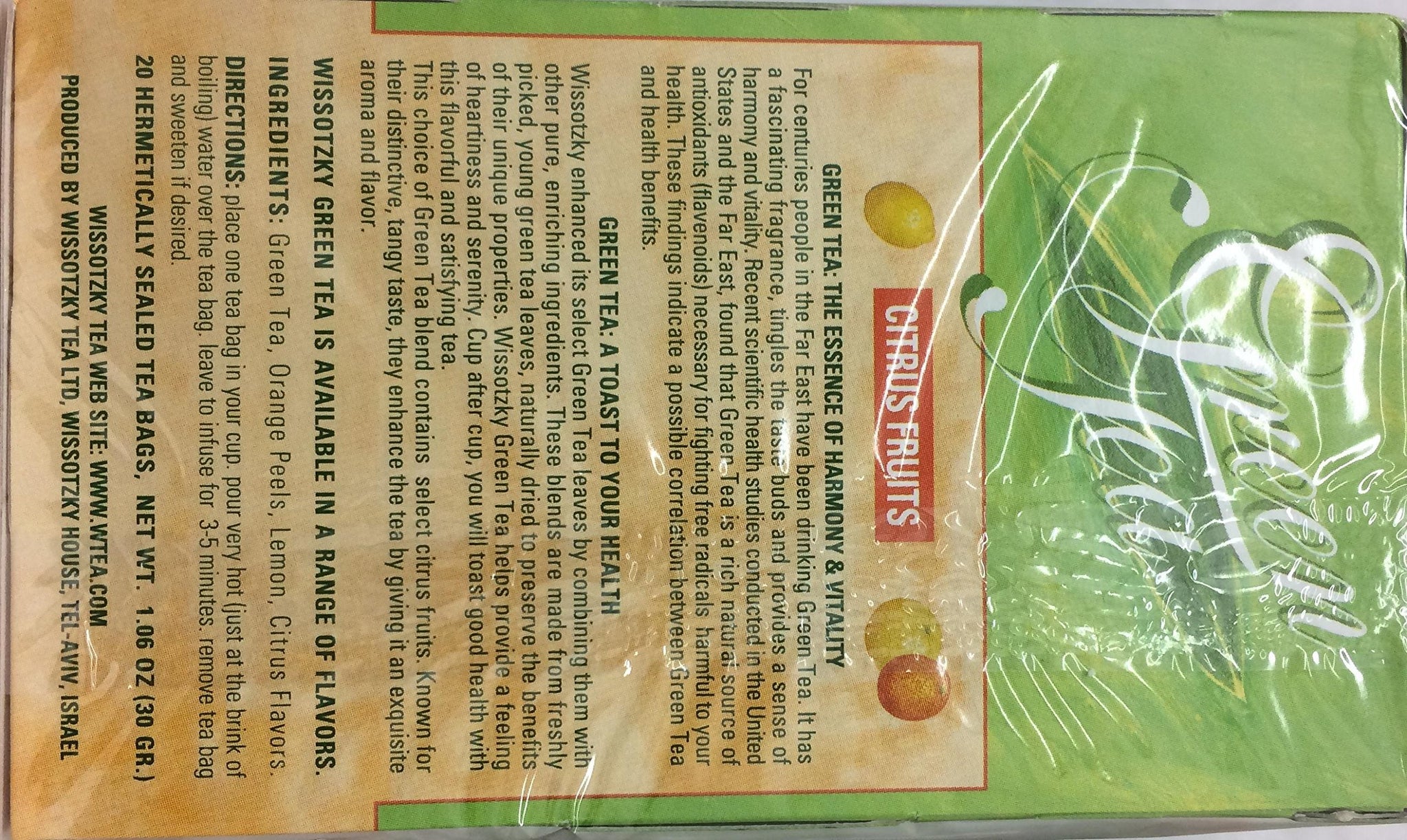 Wissotzky Tea Green Tea With Citrus Fruits 1.06 Oz. Pack Of 3.