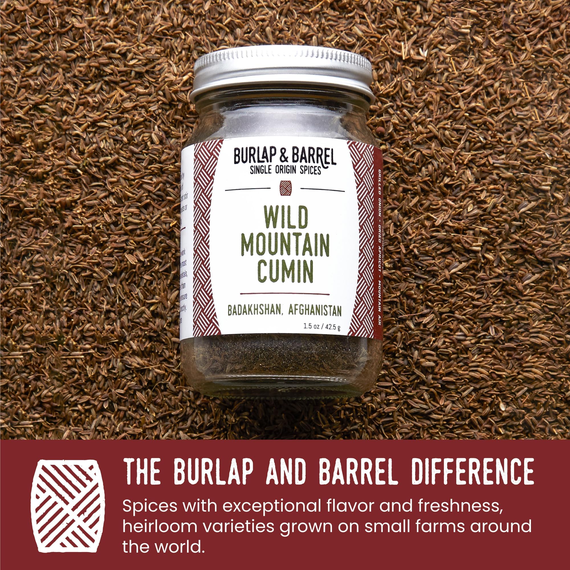 Burlap & Barrel Wild Mountain Cumin - Savory, Aromatic, and Bright Umami Flavor - Whole & Ground Cumin Seeds - As Seen On Shark Tank - 1.8oz Glass Jar