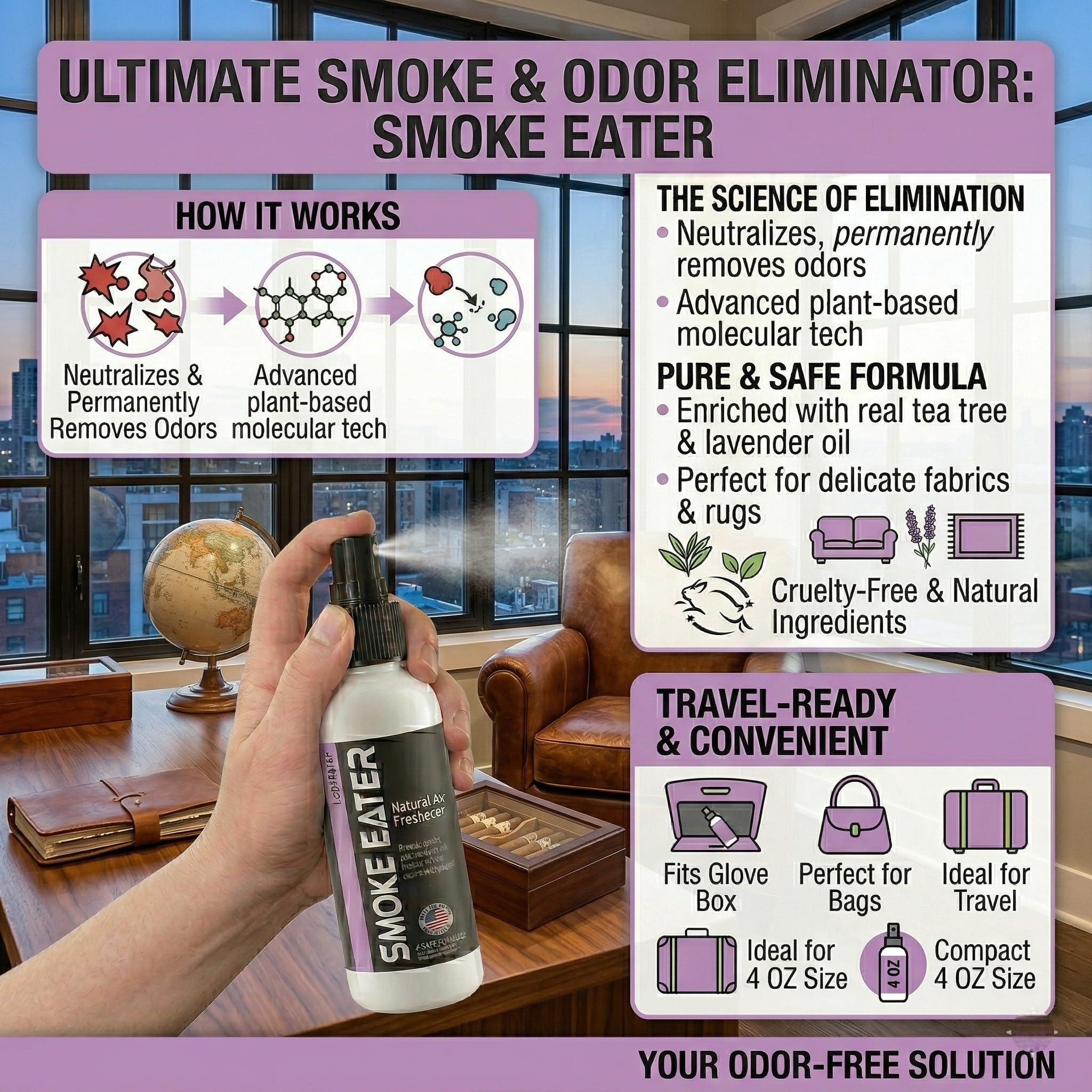Smoke Eater Cigarette, Cigar, Cannabis & Tobacco Odor Eliminator Spray & Air Freshener for Car, Home, Clothes - Lavender, 4 oz Travel Size - Tea Tree
