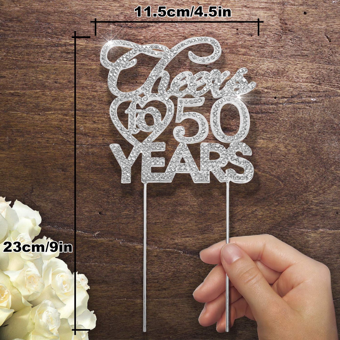 Bling Crystal Cheers To 50 Years Cake Topper - Best Keepsake 50th Birthday Or Anniversary Decor Party Decorations Silver