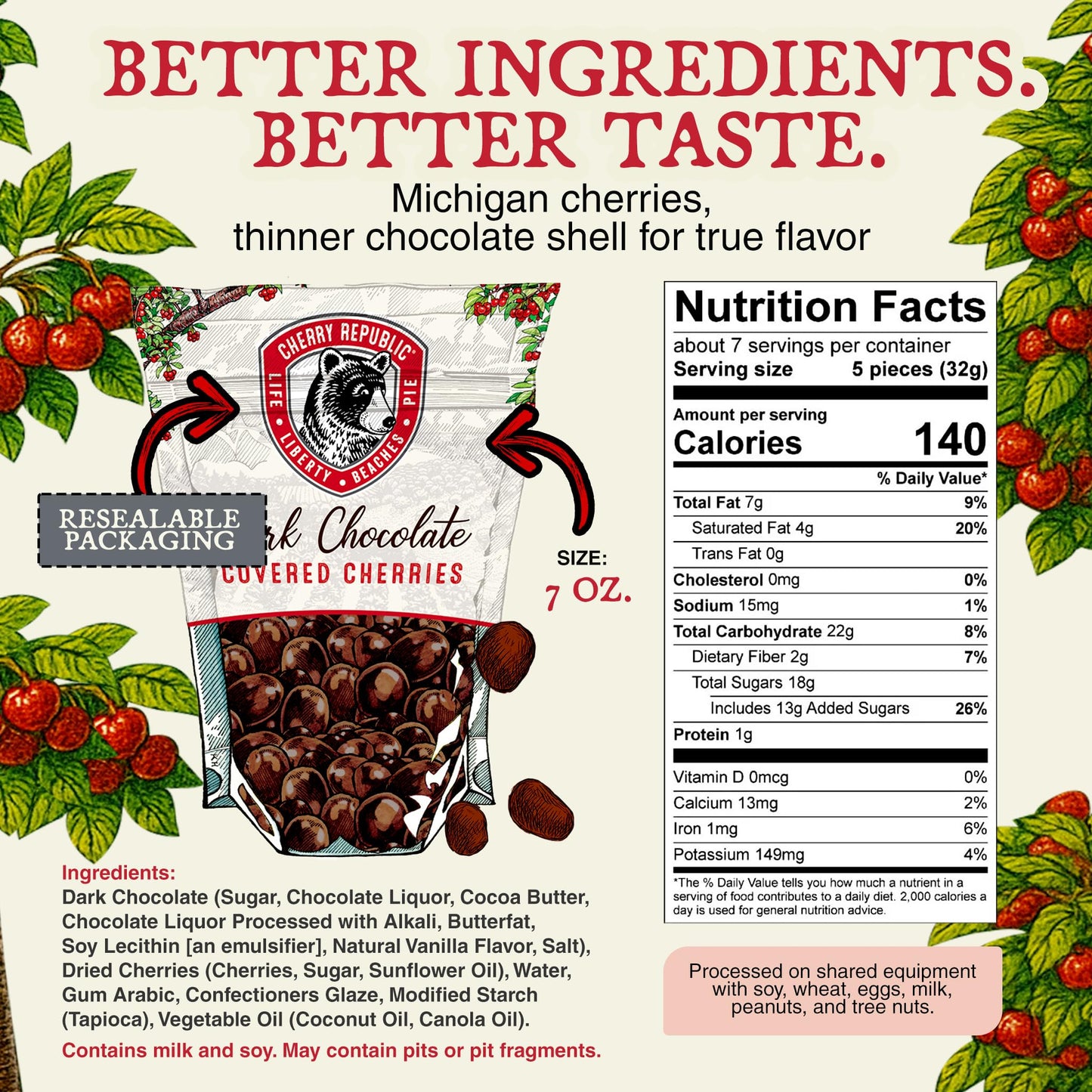 Cherry Republic Dark Chocolate Covered Cherries, 7 oz - Premium Michigan Montmorency Dried Cherries Coated in Rich 60% Dark Chocolate, Balanced Tart