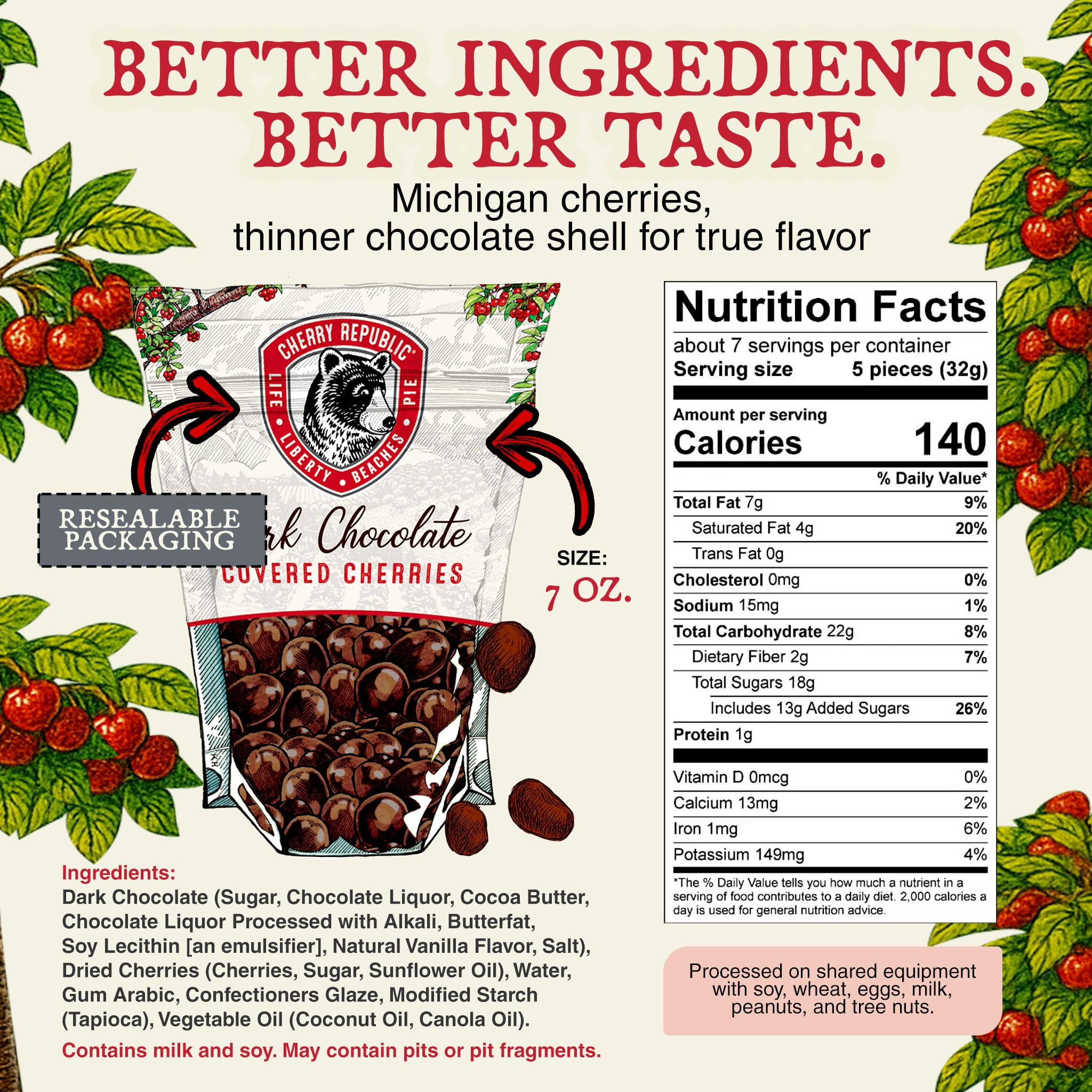 Cherry Republic Dark Chocolate Covered Cherries, 7 oz - Premium Michigan Montmorency Dried Cherries Coated in Rich 60% Dark Chocolate, Balanced Tart