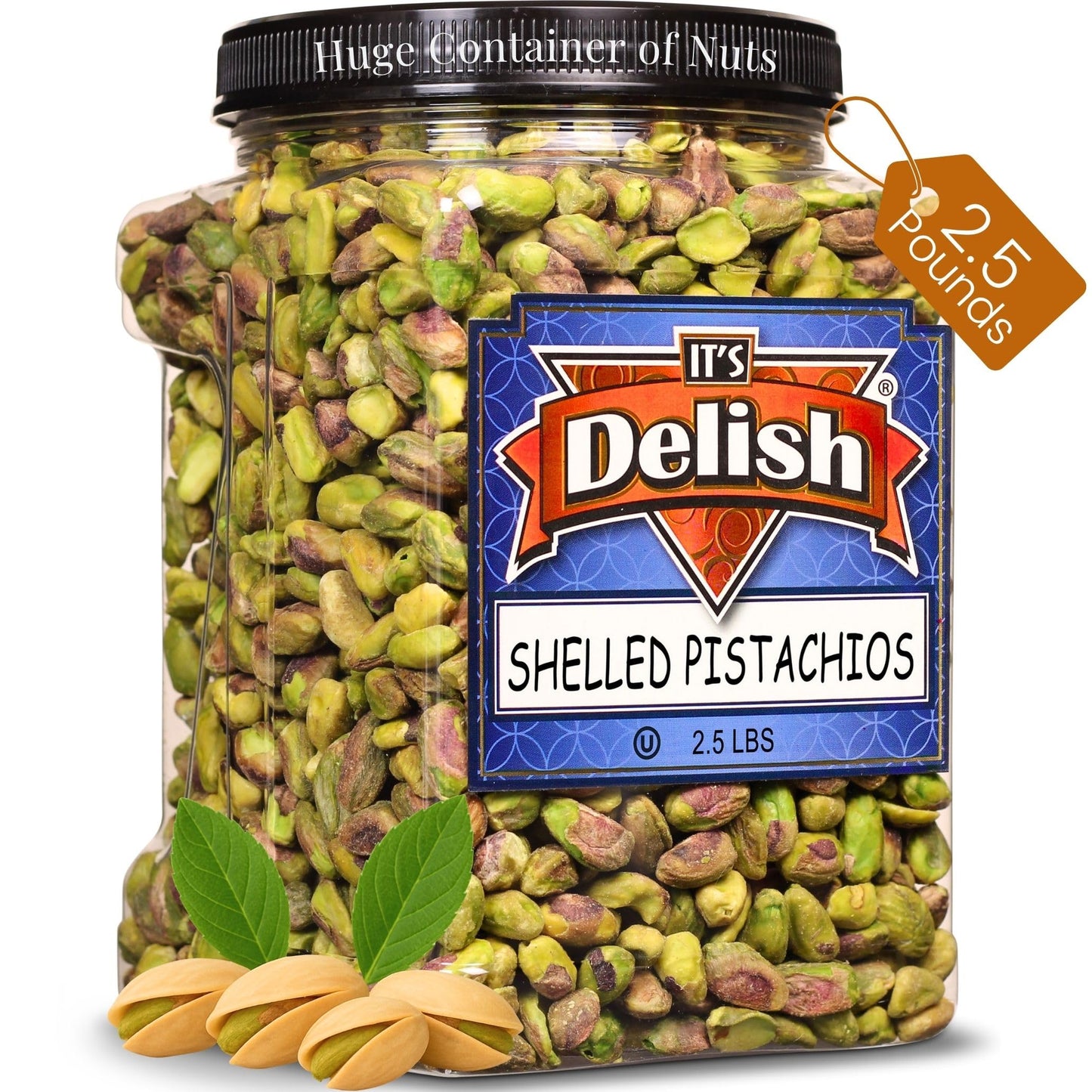 Premium California Roasted Salted Shelled Pistachio Kernels by Its Delish - 2.5 LBS Reusable Jumbo Container (Jar) Bulk Style, Fresh & Crunchy Dry
