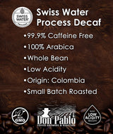 Don Pablo Colombian Decaf - Swiss Water Process Decaffeinated - Light Roast Gourmet Coffee - 100% Arabica Whole Bean, Non-GMO, Low Acidity, 907g (2LB)