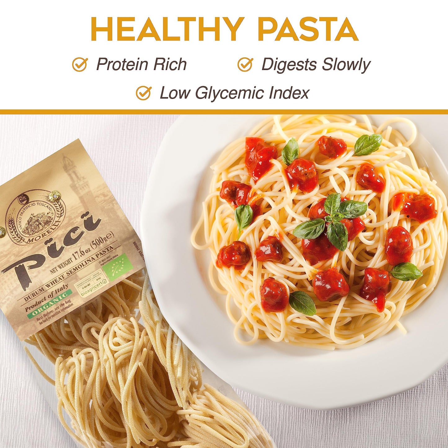 Morelli Pici Pasta di Toscana - Italian Gourmet Organic Pici Noodles - Thick Organic Pasta Nests Made in Italy from Durum Wheat Semolina - 17.6oz