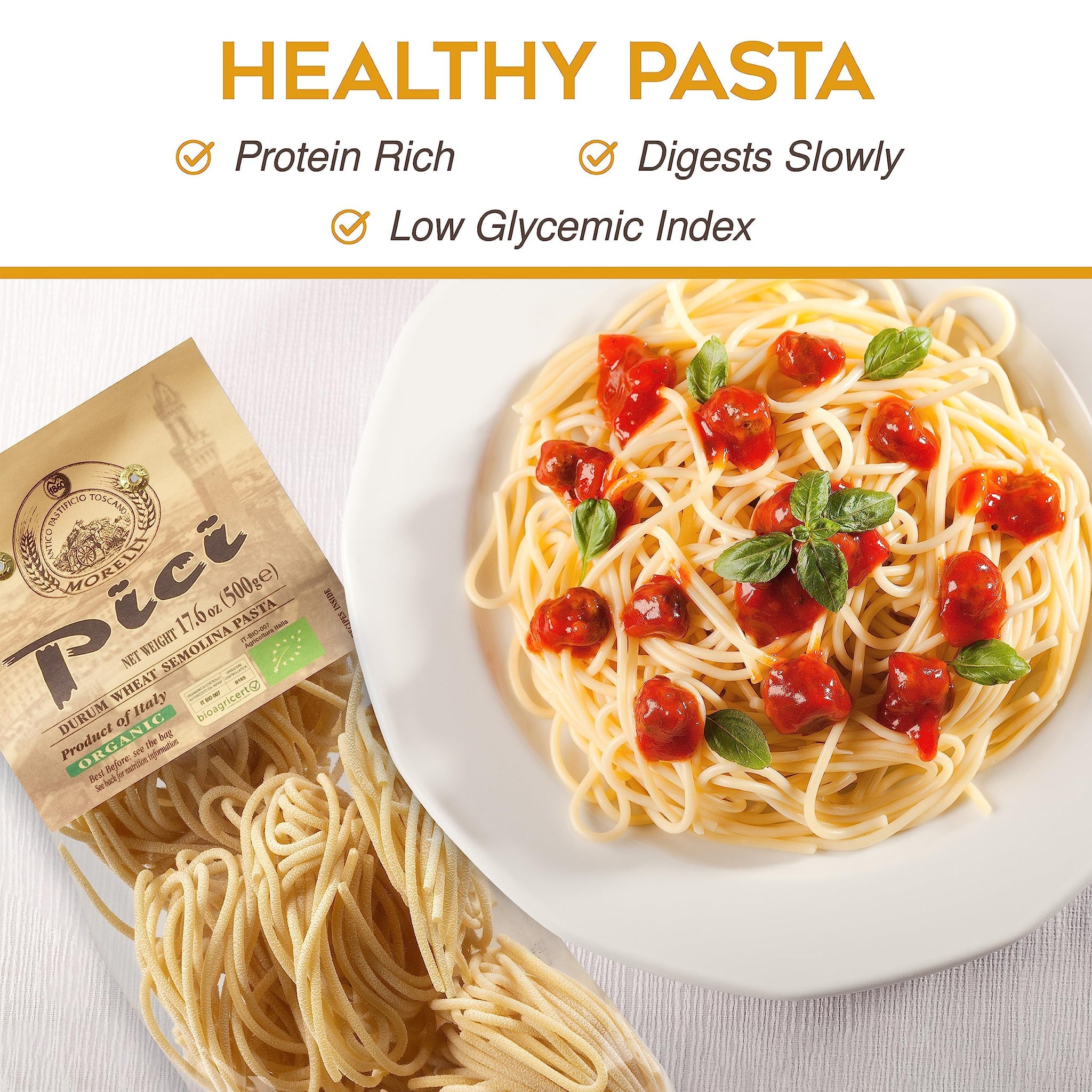 Morelli Pici Pasta di Toscana - Italian Gourmet Organic Pici Noodles - Thick Organic Pasta Nests Made in Italy from Durum Wheat Semolina - 17.6oz
