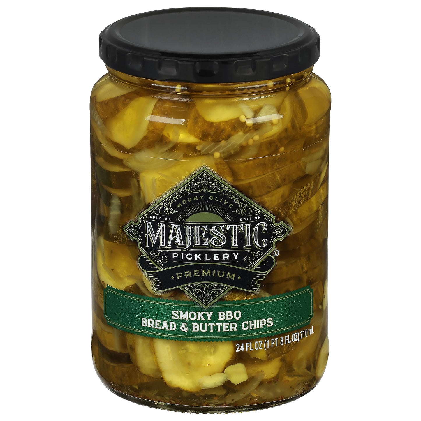 Mt Olive, Majestic Picklery Premium Smoky Barbeque Bread & Butter Chips Pickles, 24 Ounce