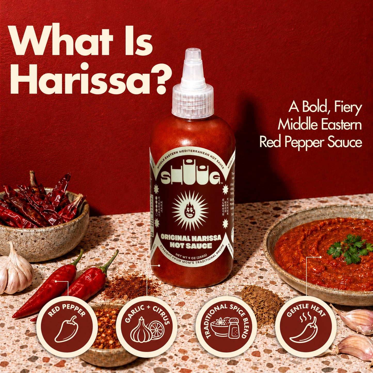 SHUUG Harissa Sauce (9oz) | Hot & Spicy Red Pepper Flavor | Middle Eastern Harissa Paste Sauce with Dried Chilis, Lemon & Garlic | Vegan, Non-GMO
