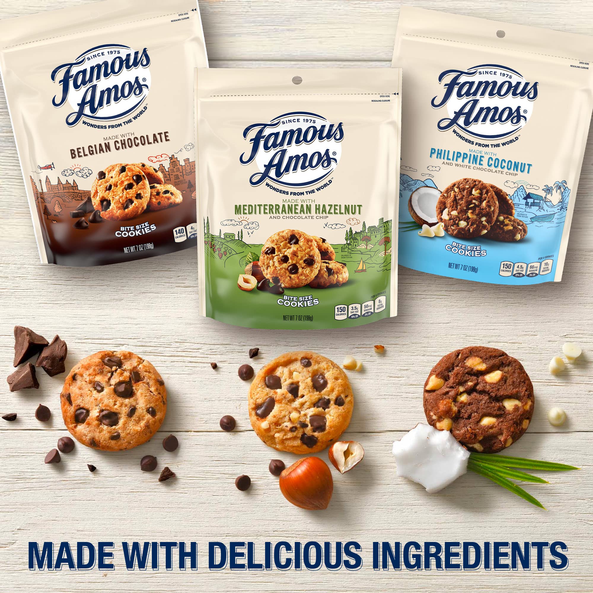 Famous Amos Mediterranean Hazelnut and Chocolate Chip Cookies | Real Mediterranean Hazelnuts in Bite-Size Chocolate Chip Cookies, Resealable 7 oz Bag