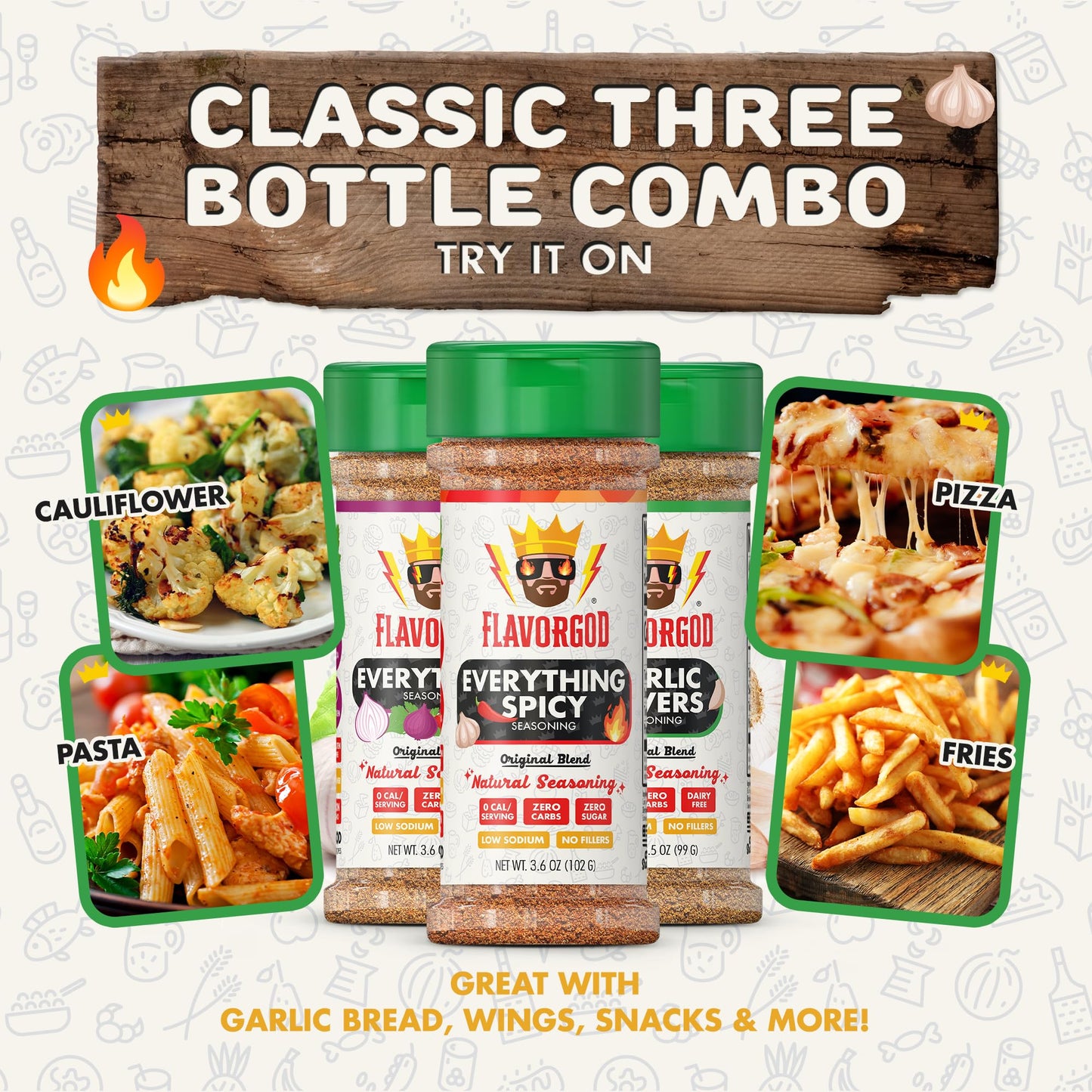 Flavor God Classic Combo Pack of 3 Herb, Spice & Seasoning Gift Set, Everything, Everything Spicy, Garlic Lovers, Natural Healthy Spice Blend, Low