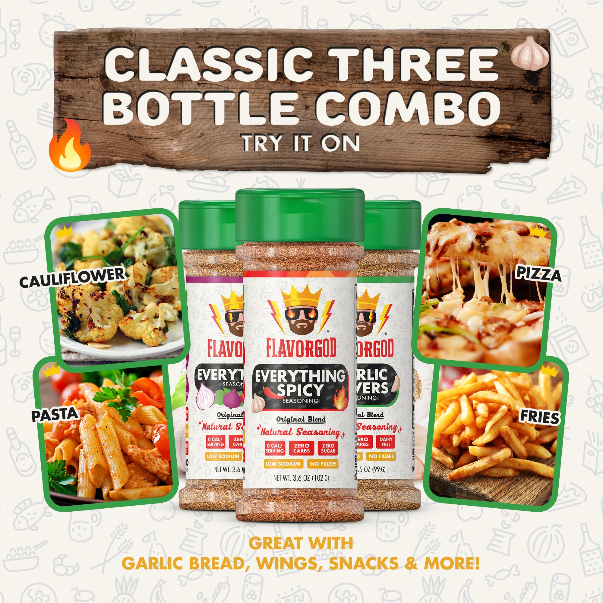 Flavor God Classic Combo Pack of 3 Herb, Spice & Seasoning Gift Set, Everything, Everything Spicy, Garlic Lovers, Natural Healthy Spice Blend, Low