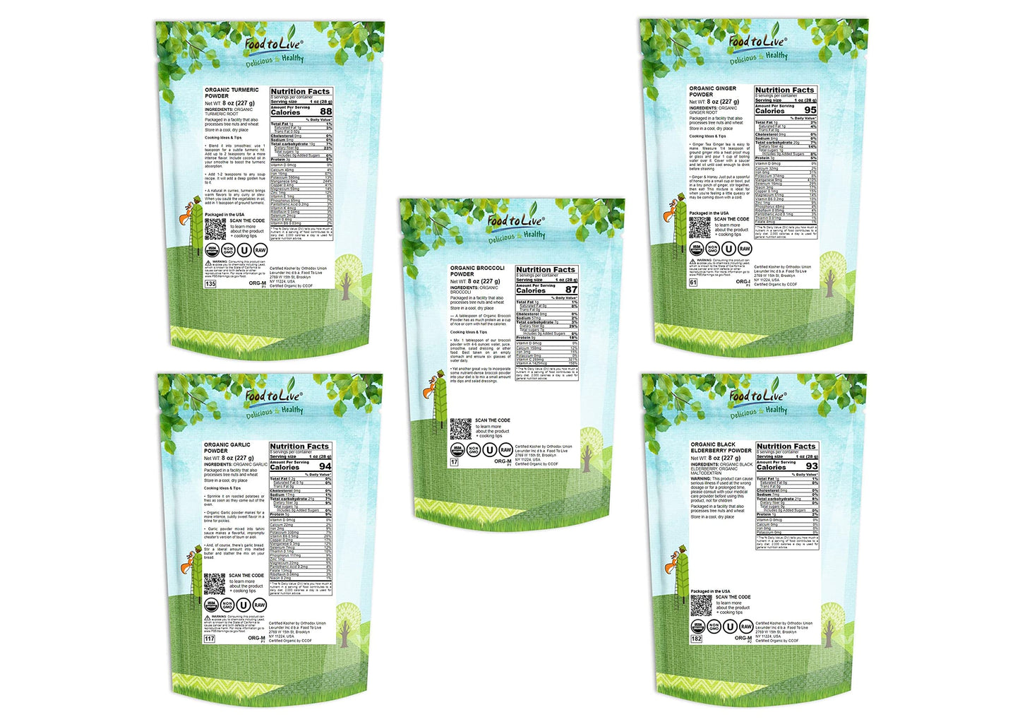 Food to Live Organic Essential Powders Gift Box - Unique Set with Organic Turmeric, Ginger, Garlic, Elderberry, and Broccoli Powders. Great Immunity