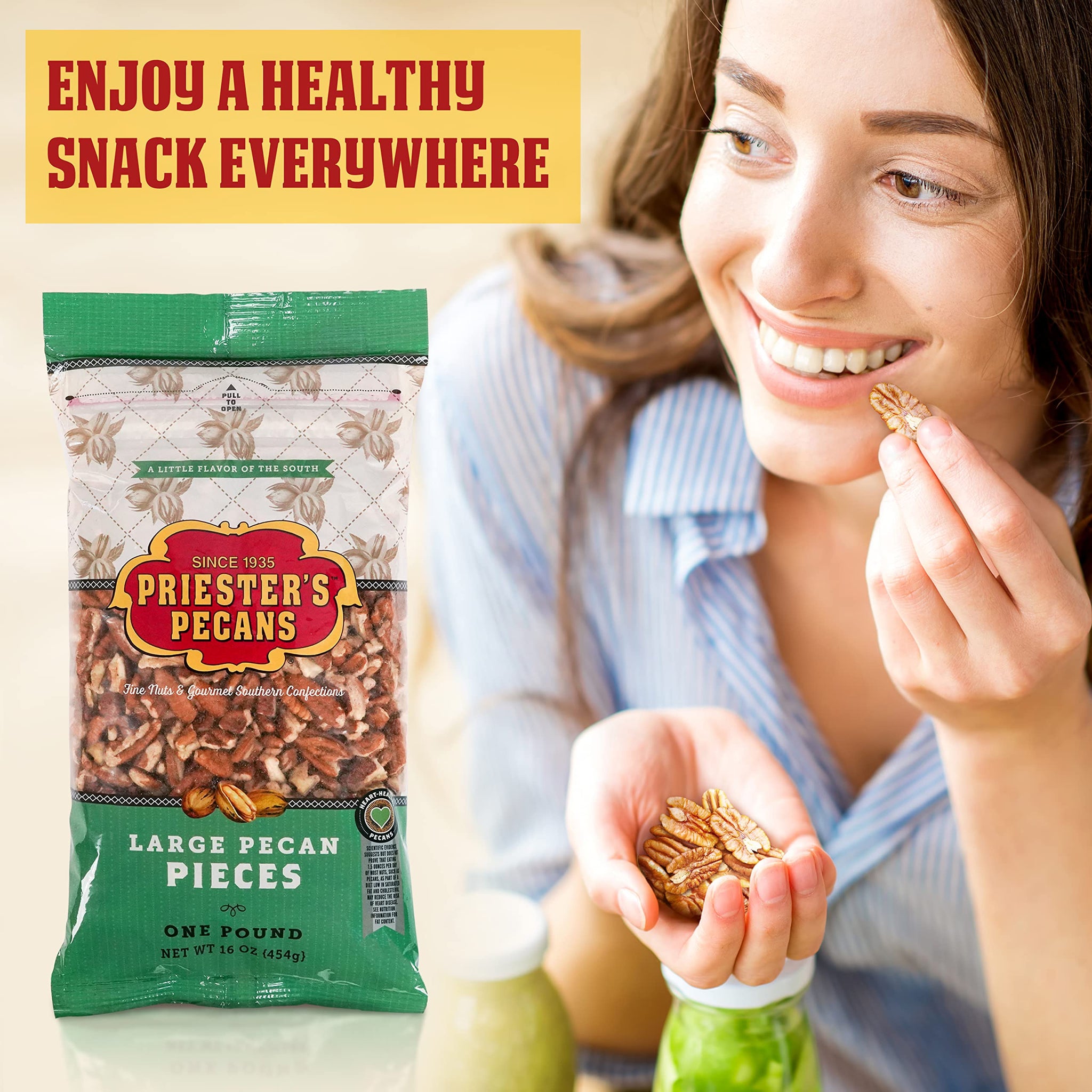 PRIESTER'S Large Raw Pecan Pieces - Natural Shelled Pecans Grown in the USA - Unsalted Pecans for Snacking and Baking - Tight Resealable Bag