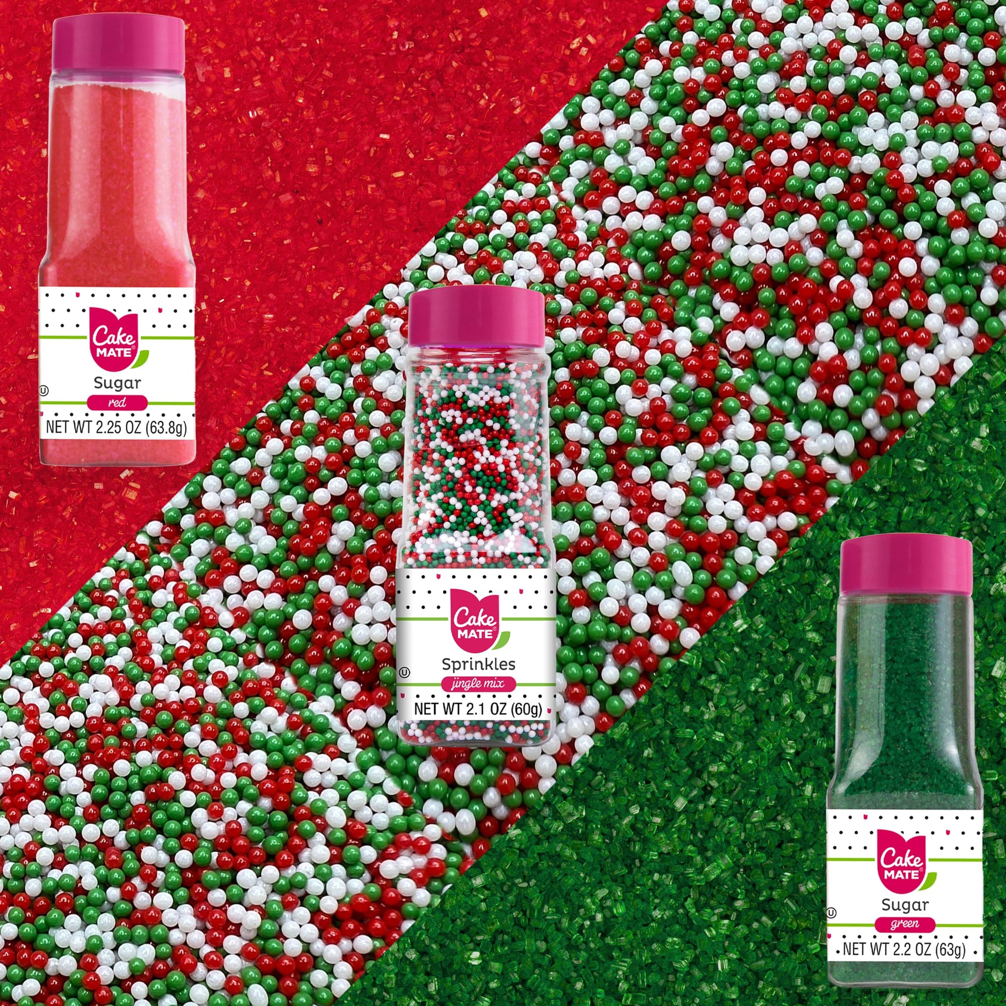 Cake Mate Christmas Cookie Decorating Kit - Red & Green Decorating Sugar (2.25 oz), White, Red & Green Cookie Icing Pouches (7 oz), Jingle Mix Non
