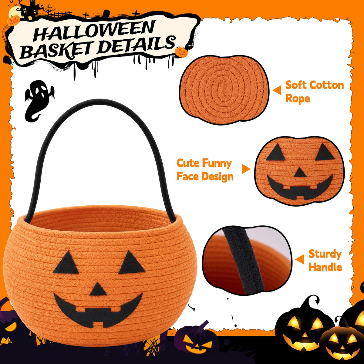 MELLBAY Halloween Basket, Pumpkin Trick or Treat Buckets, 2 Pcs