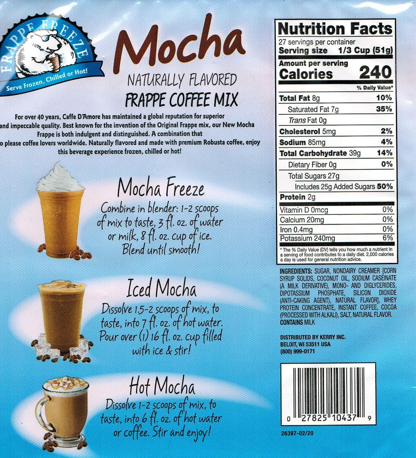 DaVinci Gourmet Frappe Freeze Coffee Mix, Mocha, 3 Lb Bag, 27 Servings, Medium Roast